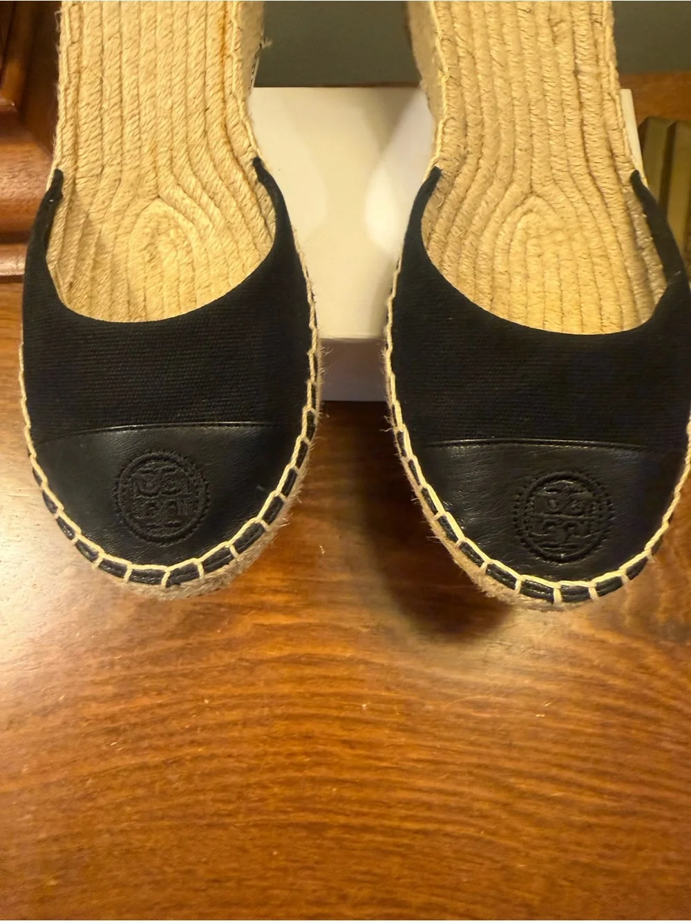 Tory Burch Black Canvas/Leather Espadrille Ankle-Strap Wedge Sandals Size 10.5